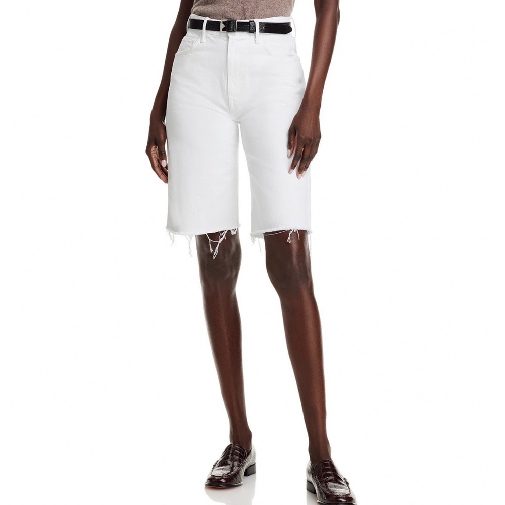 MOTHER The Maven Bermuda Fray Shorts Picket Fence White Rigid Denim Size 23 NEW